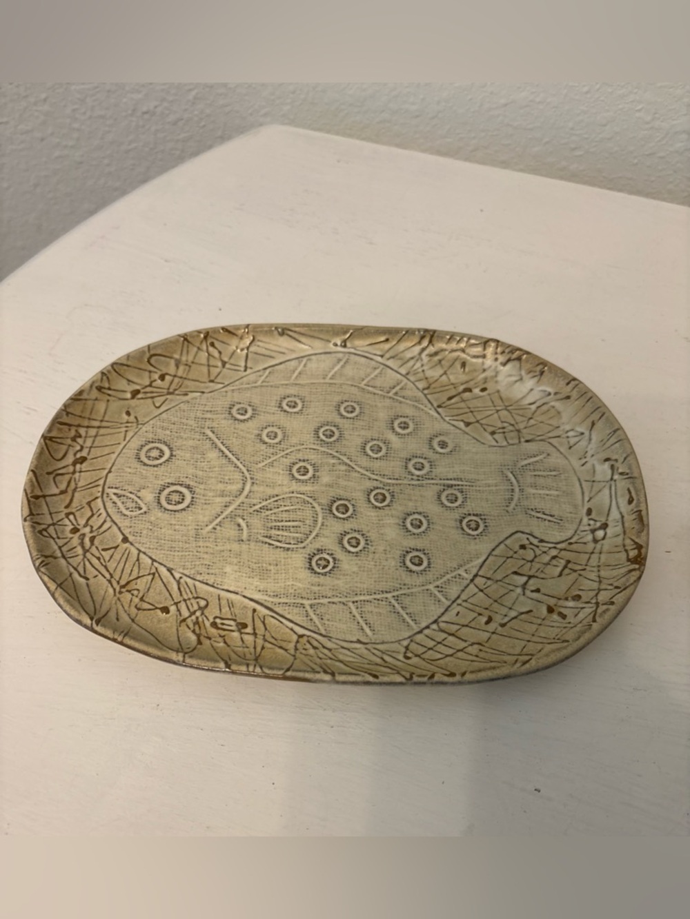 Vintage studio pottery ceramic stoneware fish plate signed